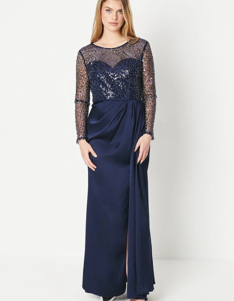 by Coast Long Sleeve Satin Skirt Prom Dress
