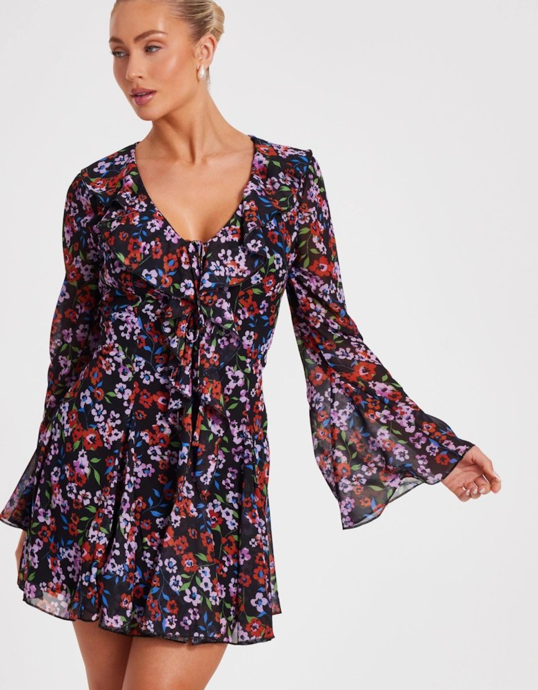 Black Chiffon Floral Skater Dress