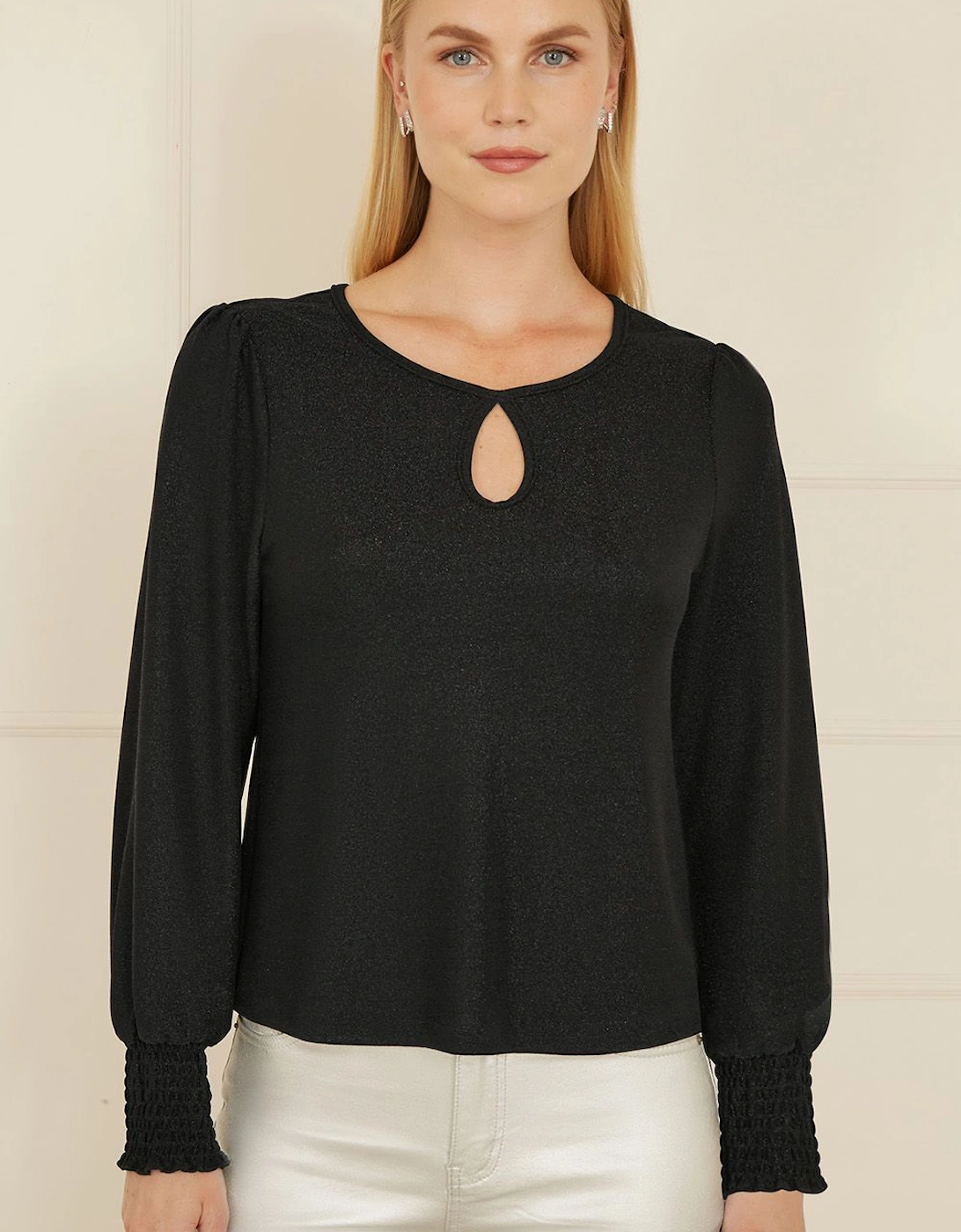 Black Sparkle Stretch Keyhole Neckline Top, 2 of 1