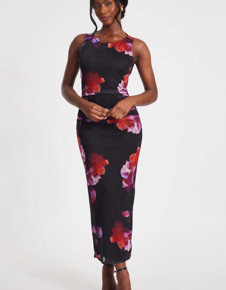 Black Mesh Floral Midaxi Dress