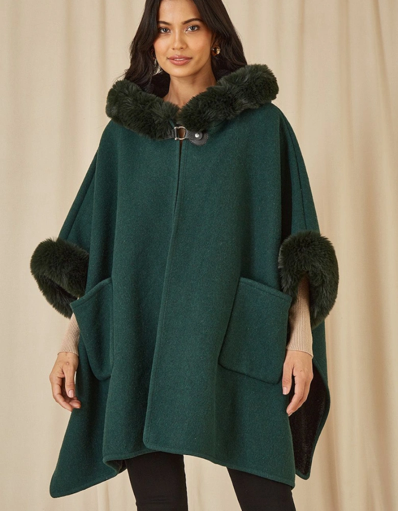 Green Cape With Luxe Fur Trim And Lining