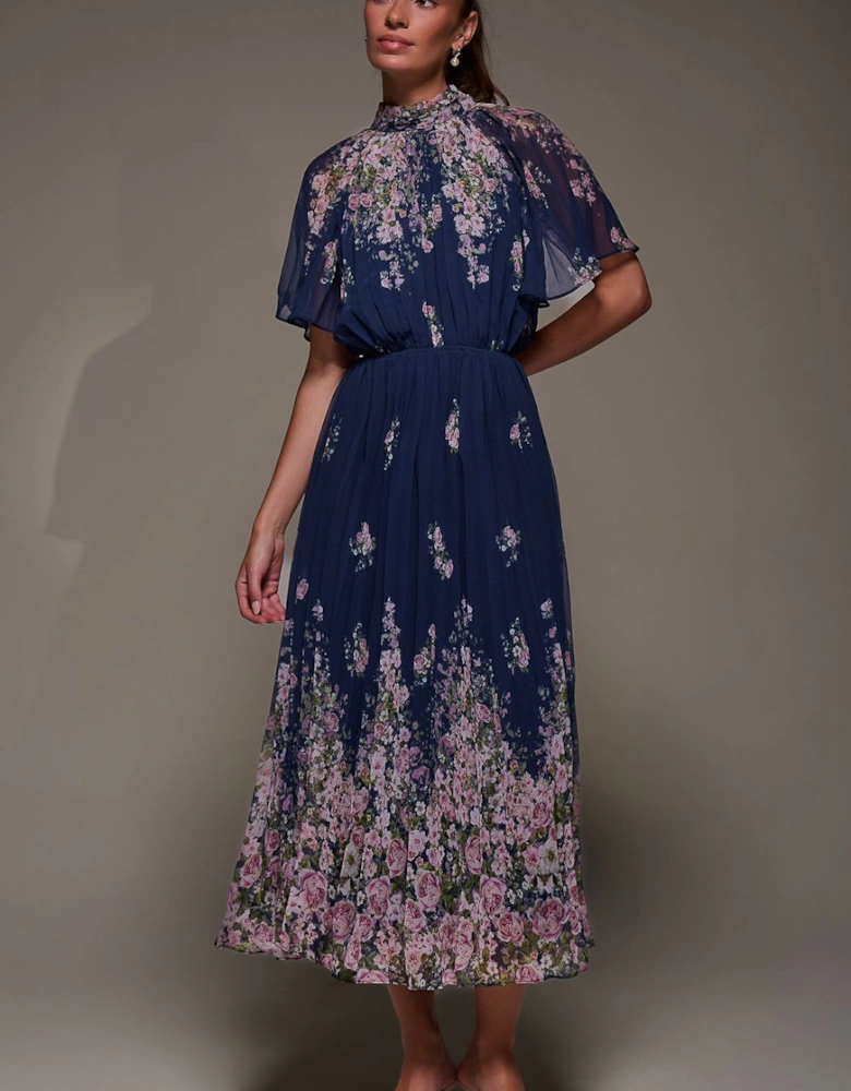 High Neck Short Sleeve Pleated Chiffon Dress