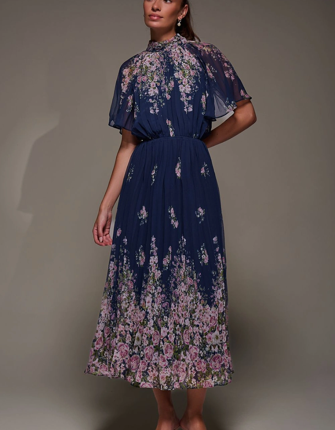 High Neck Short Sleeve Pleated Chiffon Dress, 2 of 1