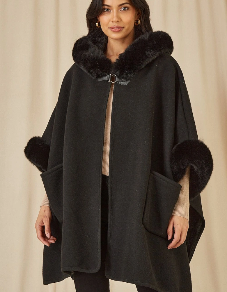 Black Cape With Luxe Fur Trim And Lining