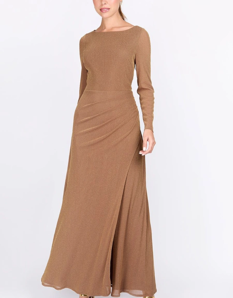 Taupe Lurex Long Sleeve Maxi Dress
