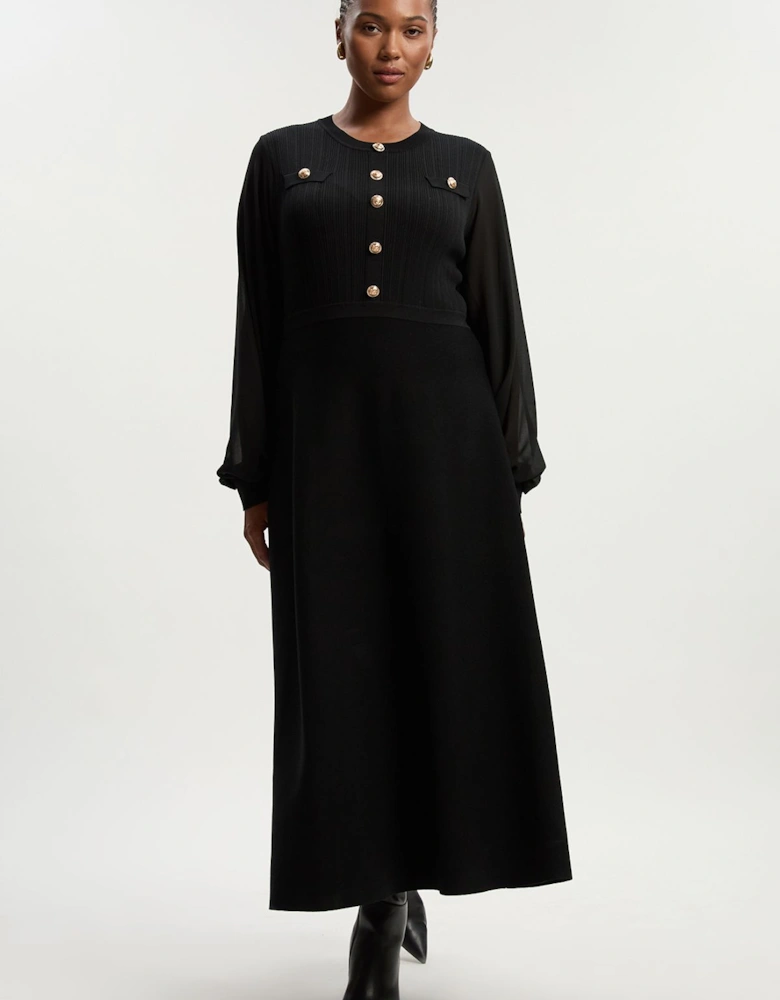 Plus Size Viscose Blend Maxi Knit Dress With Chiffon Sleeve Military Trim