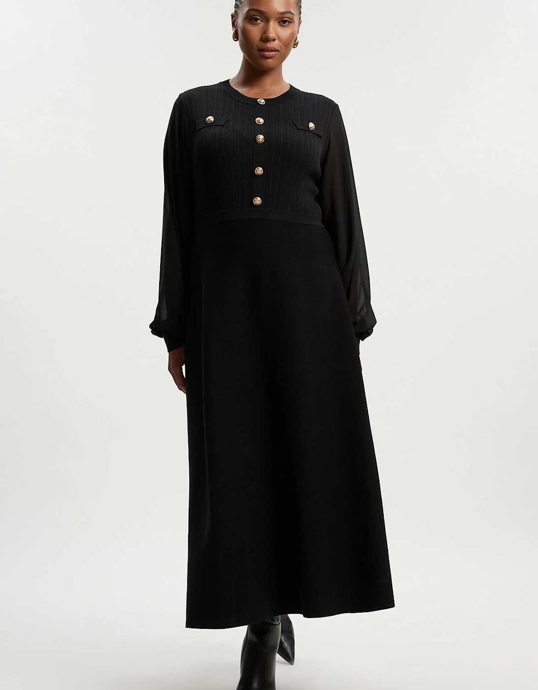 Plus Size Viscose Blend Maxi Knit Dress With Chiffon Sleeve Military Trim, 2 of 1