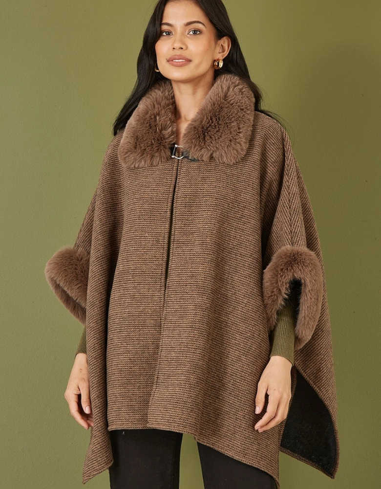 Brown Cape With Luxe Fur Trim And Lining