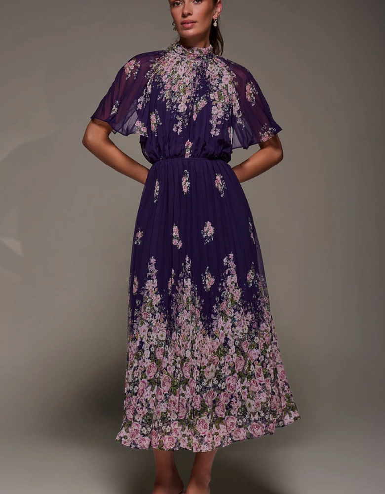 High Neck Short Sleeve Pleated Chiffon Dress
