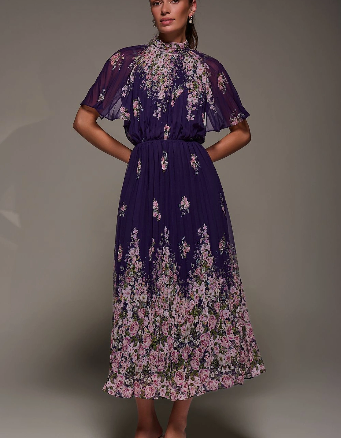 High Neck Short Sleeve Pleated Chiffon Dress, 2 of 1