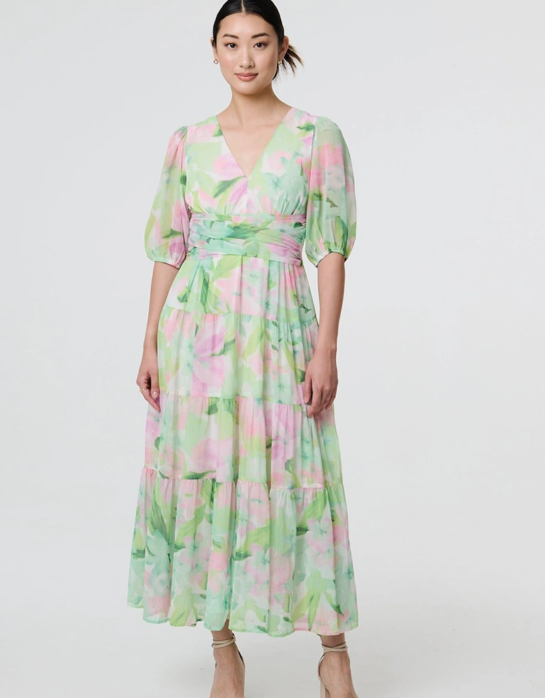 Floral Puff Sleeve Tiered Maxi Gown