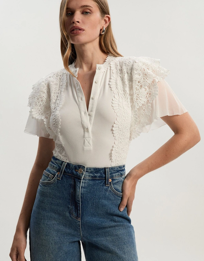 Guipure Lace Trim Ribbed Button Detail Jersey Bodysuit