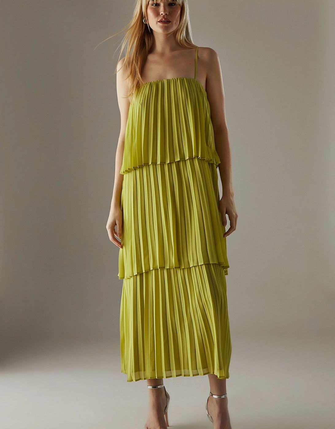 Chiffon Pleated Tier Strappy Midi Dress, 2 of 1