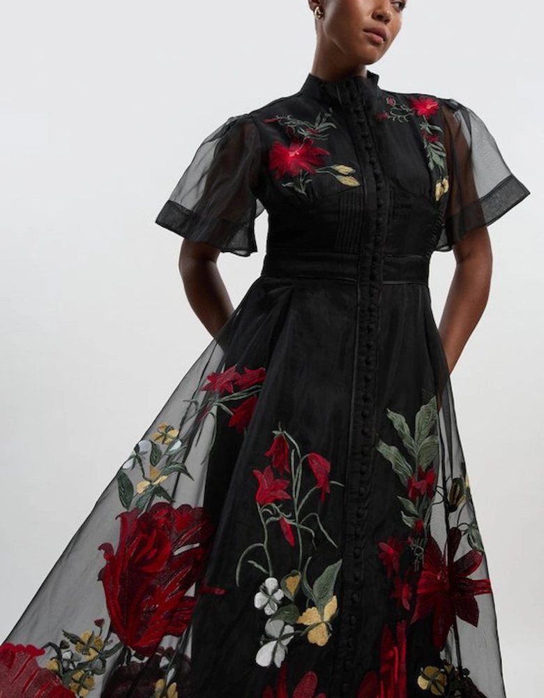 Plus Size Botanical Embroidery Organdie Midi Dress