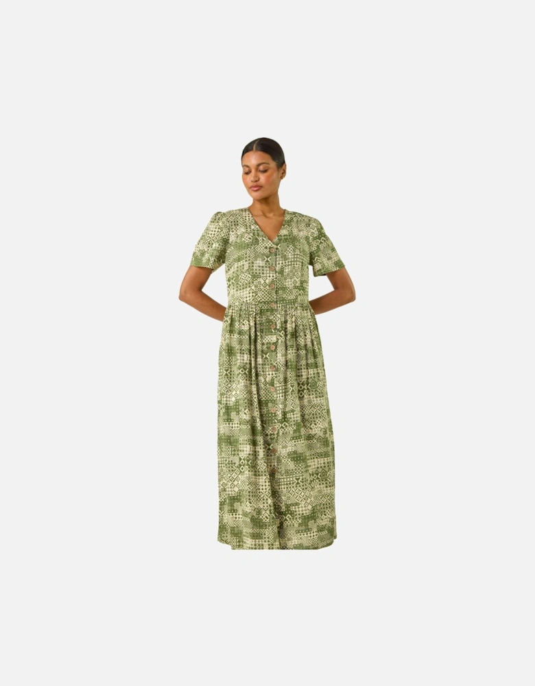 Geo Print Button Midi Dress