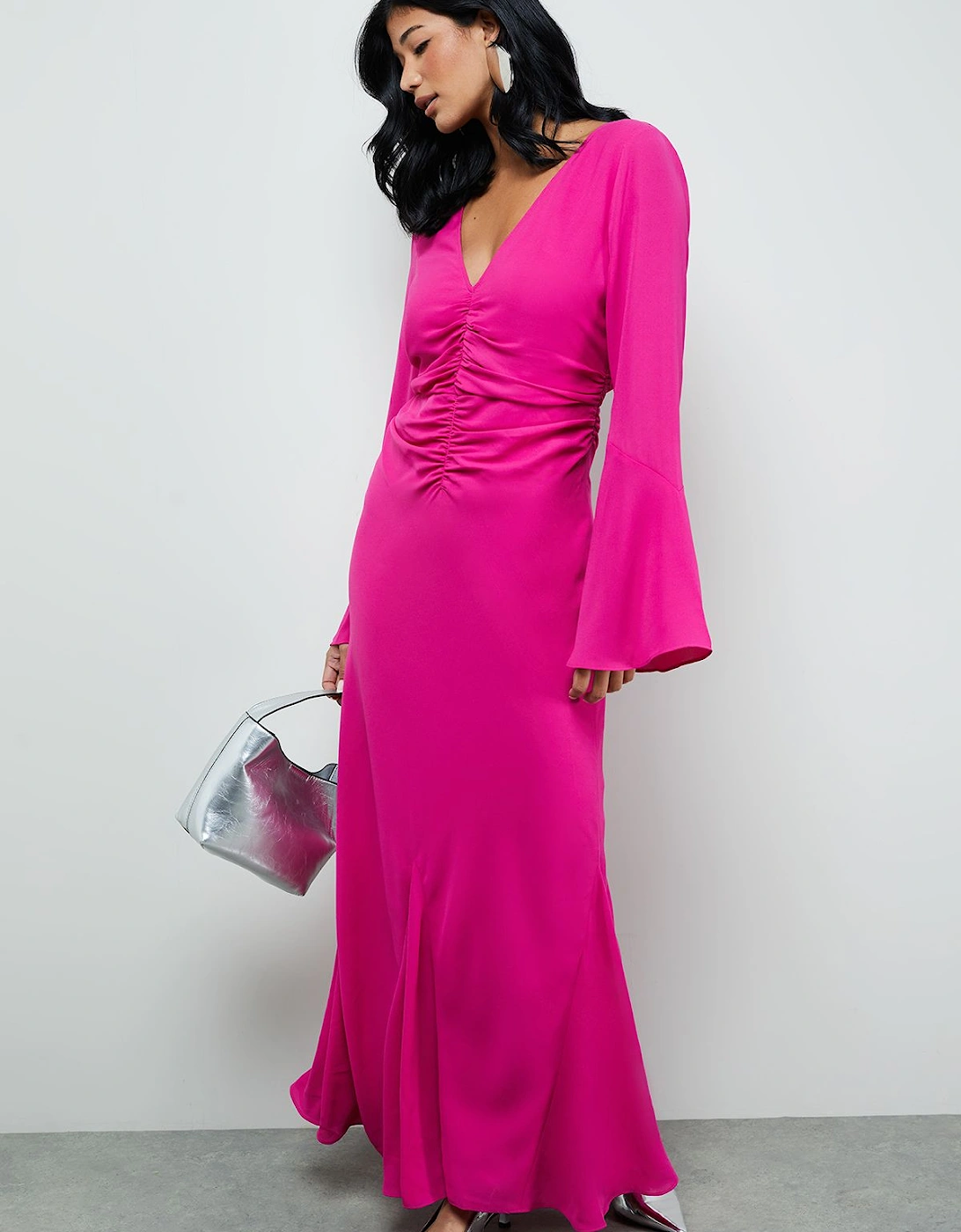Premium Georgette Ruched Front Flutter Cuff Maxi Dress, 2 of 1