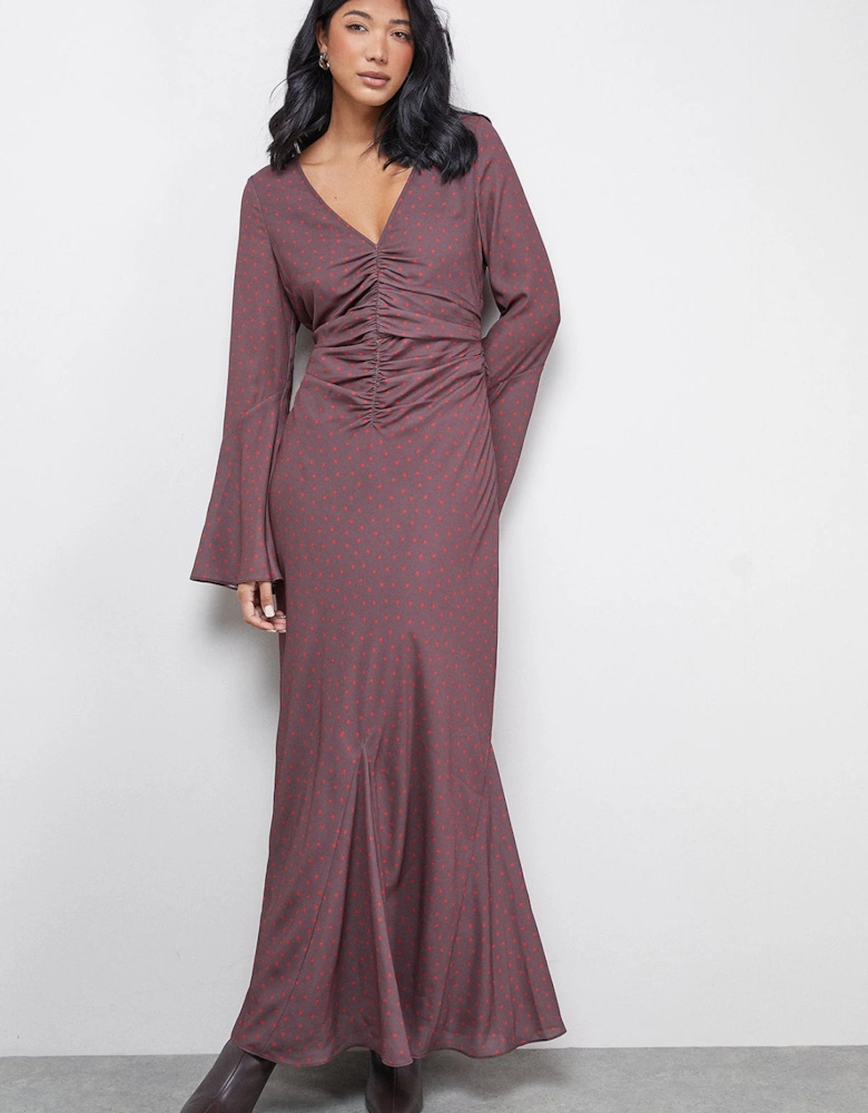 Premium Georgette Ruched Front Flutter Cuff Maxi Dress