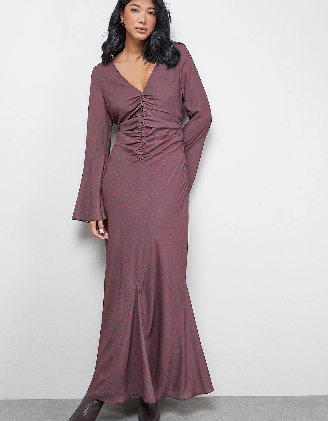 Premium Georgette Ruched Front Flutter Cuff Maxi Dress, 2 of 1