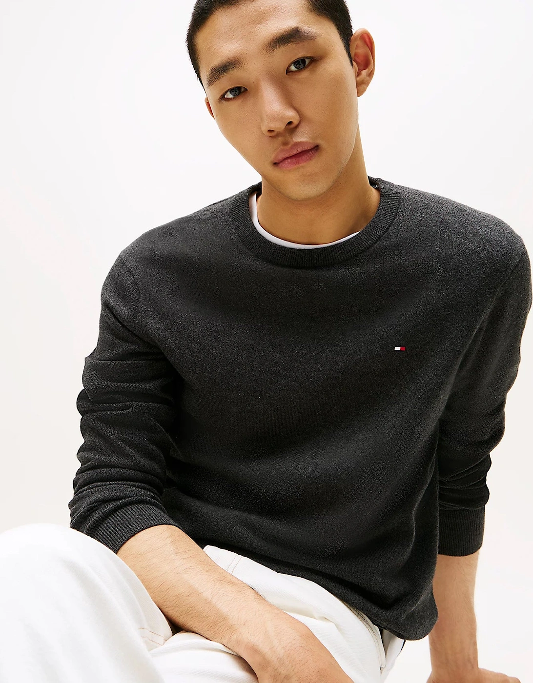 Organic Cotton Cashmere Mens Crew Sweater - Dark Grey Heather