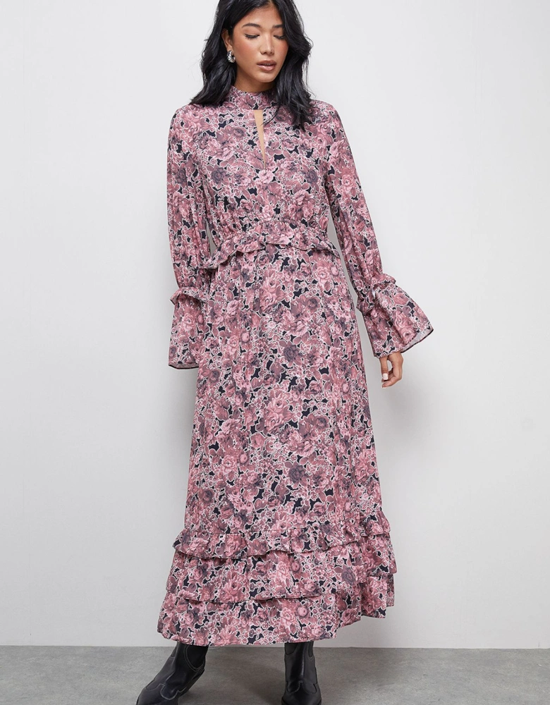 Chiffon Shirred Frill Detail High Neck Midi Dress