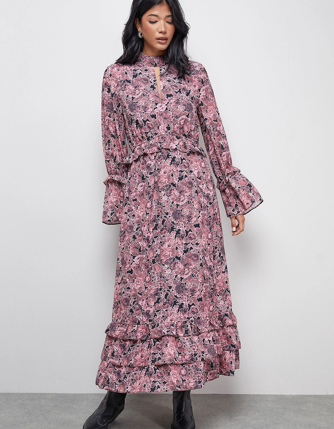 Chiffon Shirred Frill Detail High Neck Midi Dress, 2 of 1