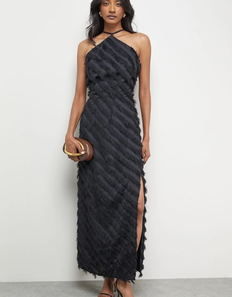 Diagonal Fluffy Halter Maxi Dress