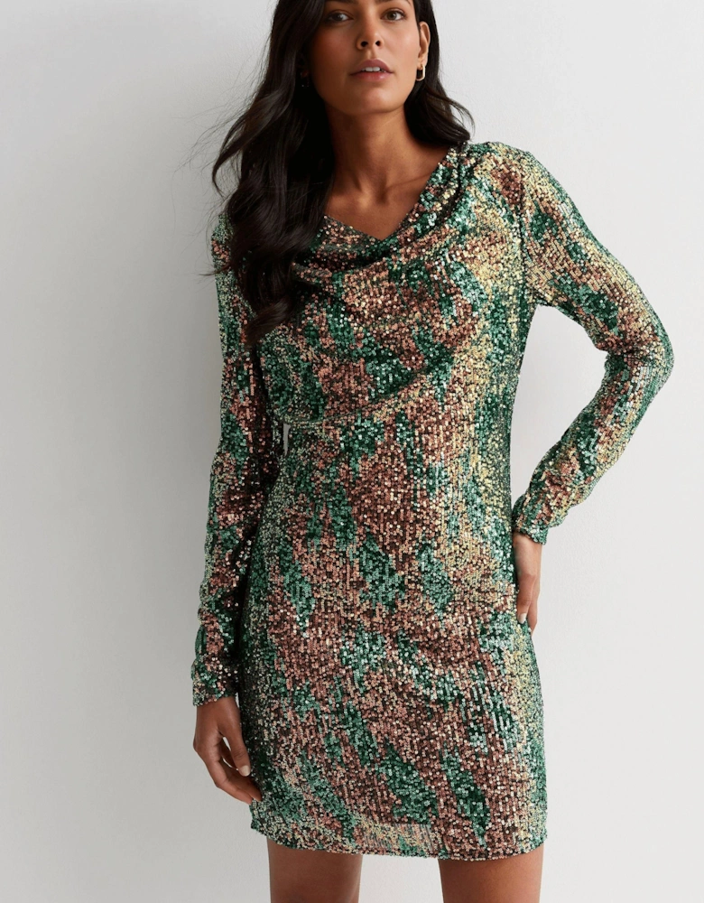 Sequin Cowl Neck Mini Dress