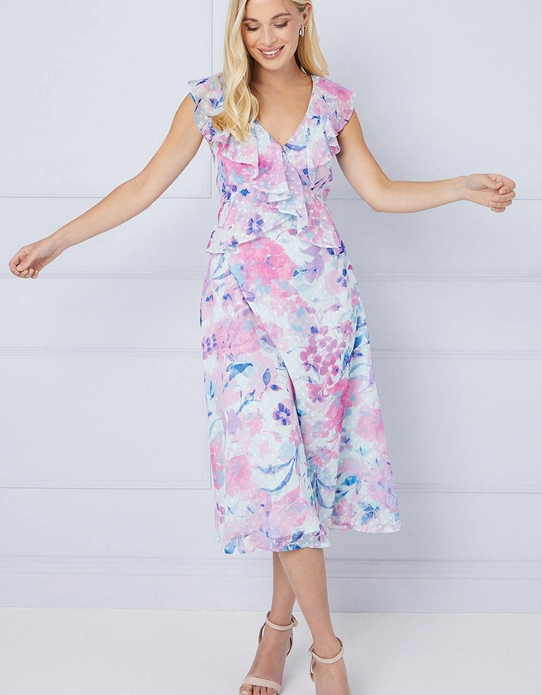 Petite Floral Dobby Ruffle Midi Dress, 2 of 1