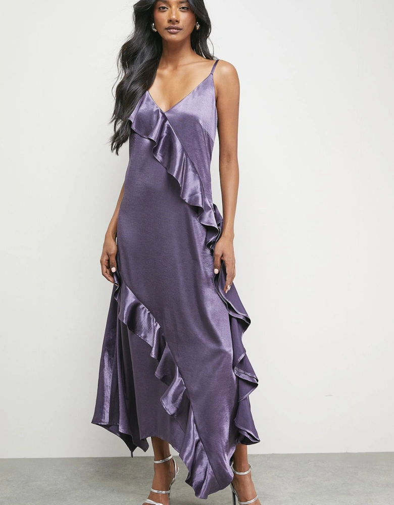 Metallic Satin Ruffle High Apex Midi Slip Dress