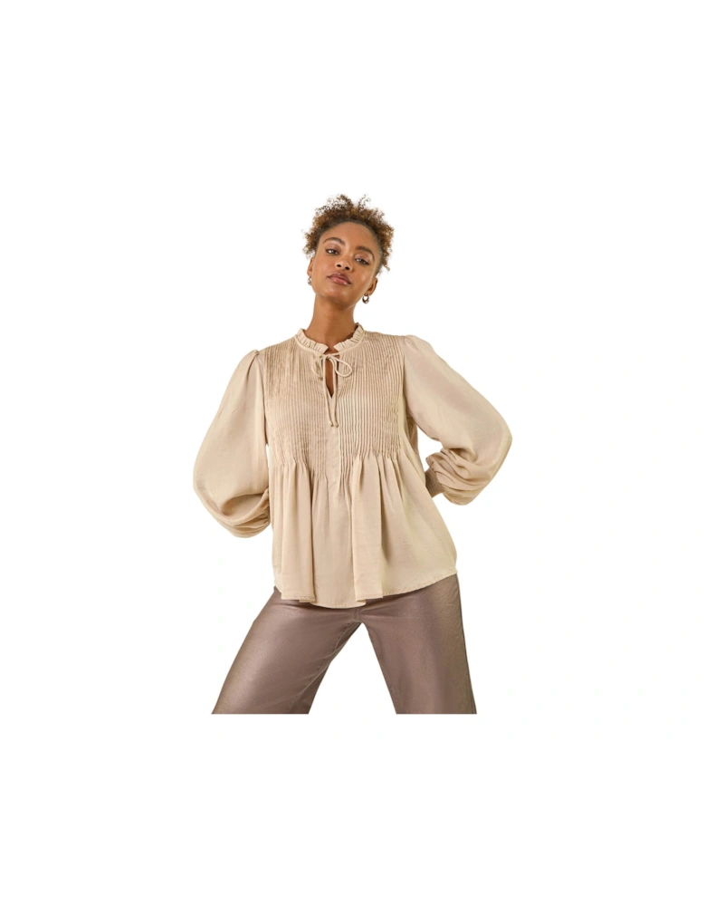 Satin Pleated Tie Neck Top