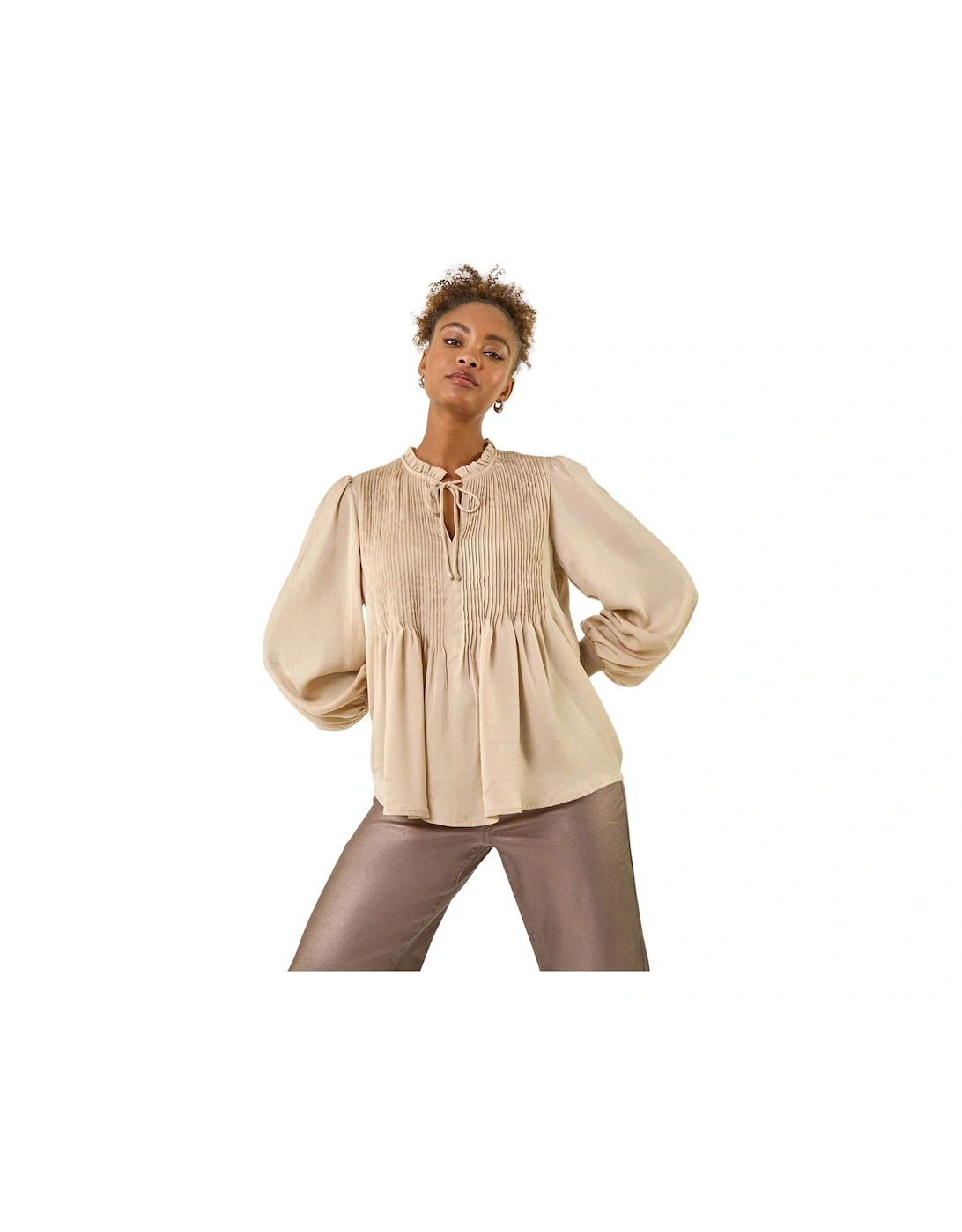 Satin Pleated Tie Neck Top, 2 of 1