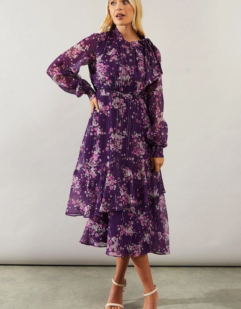 Petite Occasion Metallic Tie Neck Midi Dress