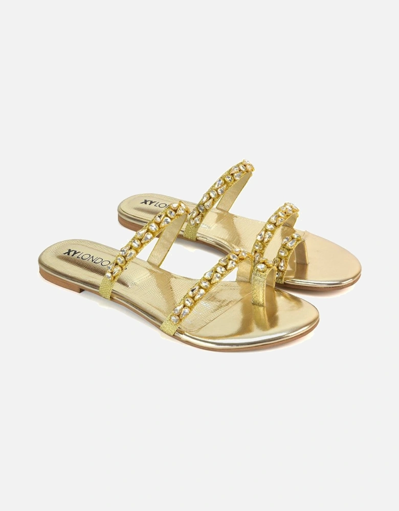 'Sammie' Flat Strappy Sparkly Crystal Slider Mule Sandal Shoes With Toe Post