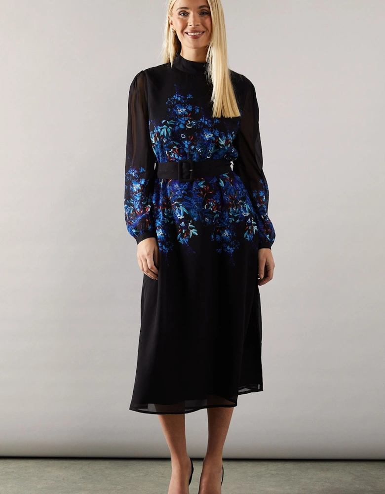 Petite Placement Print Floral Belted Midi Dress