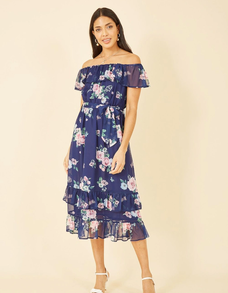 Navy Floral Bardot Midi Dress With Frill Hem