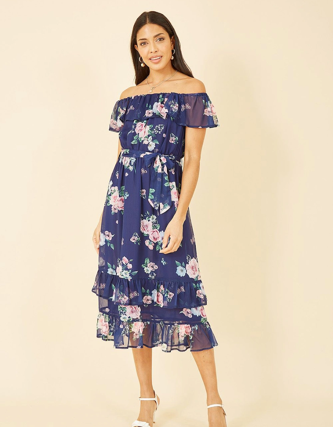 Navy Floral Bardot Midi Dress With Frill Hem, 2 of 1