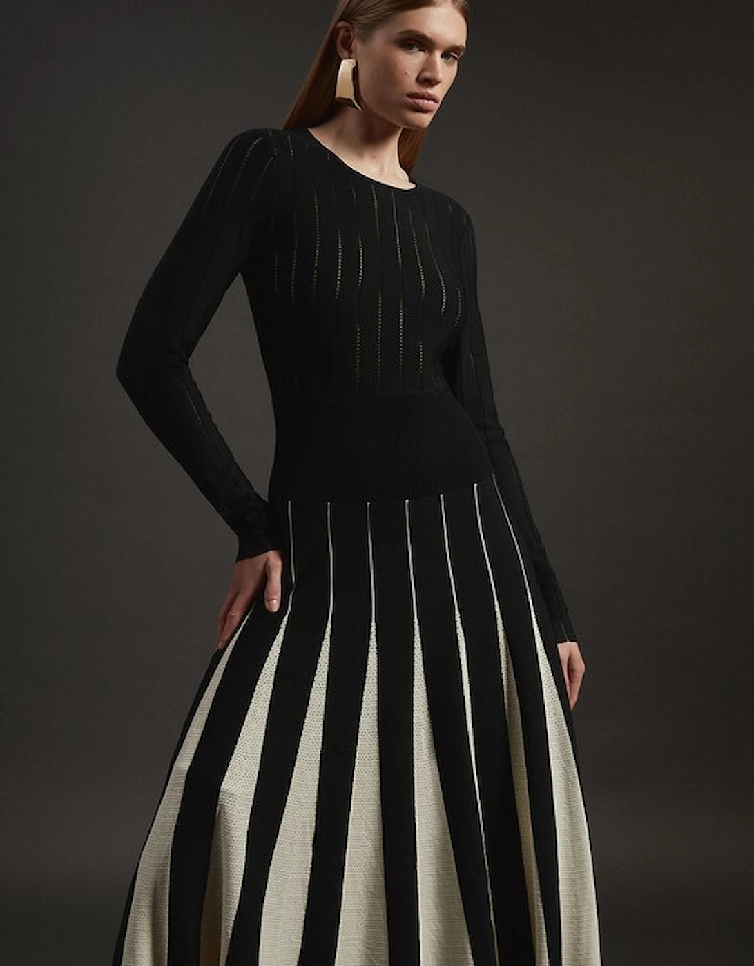 Pointelle Colour Block Full Skirted Viscose Blend Knit Dress, 5 of 4