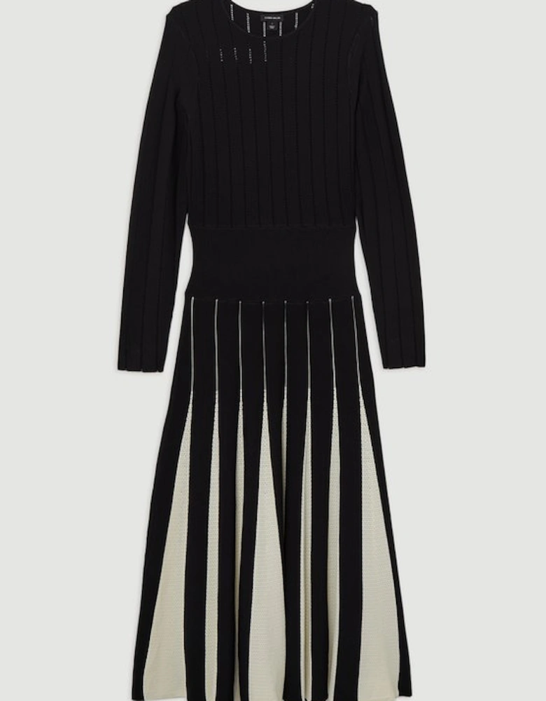 Pointelle Colour Block Full Skirted Viscose Blend Knit Dress