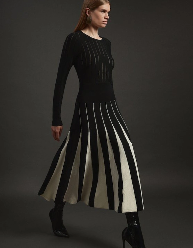 Pointelle Colour Block Full Skirted Viscose Blend Knit Dress