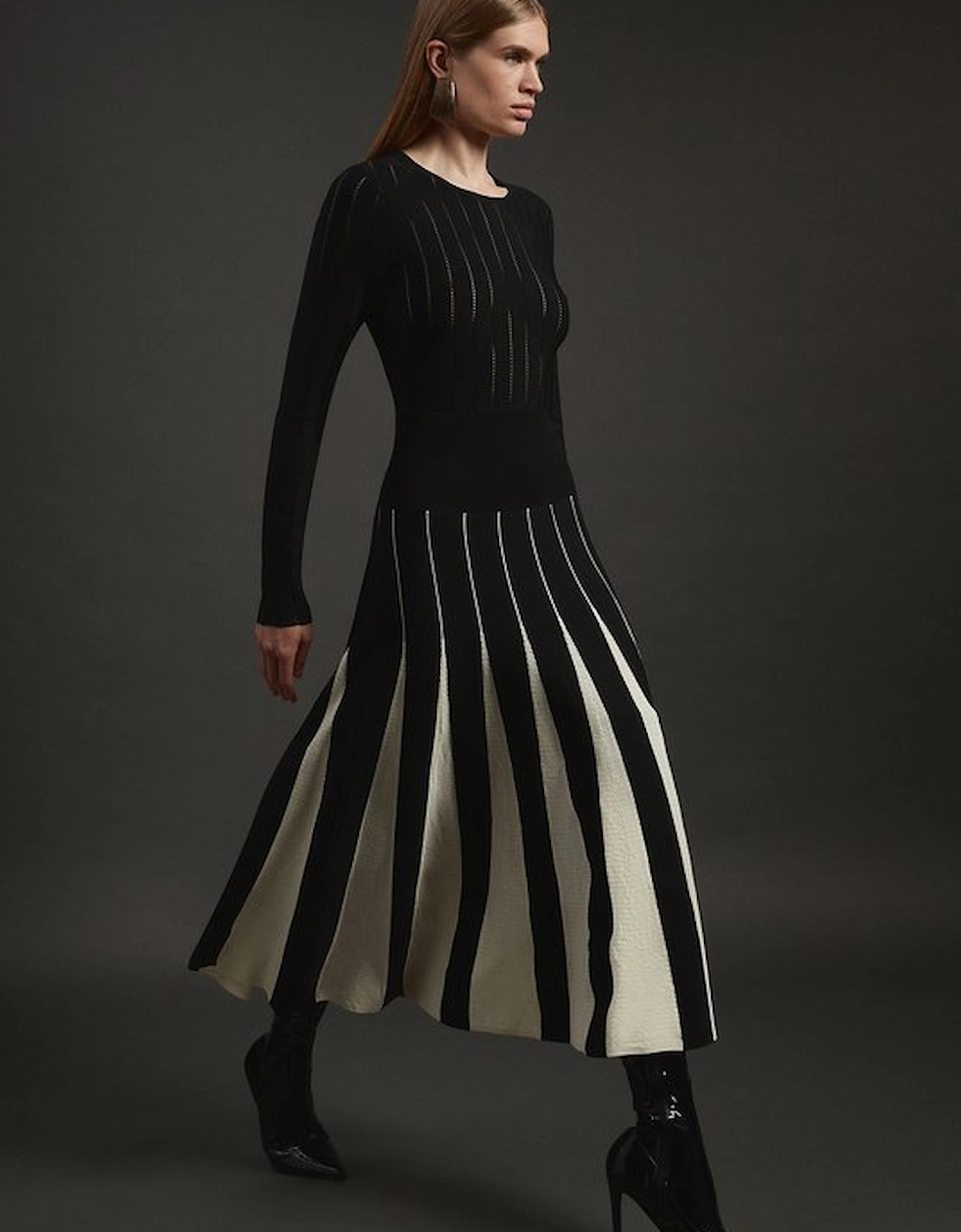 Pointelle Colour Block Full Skirted Viscose Blend Knit Dress