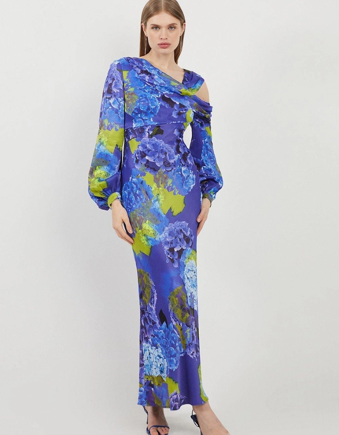Bright Floral Print Satin Cold Shoulder Draped Midi Dress, 2 of 1