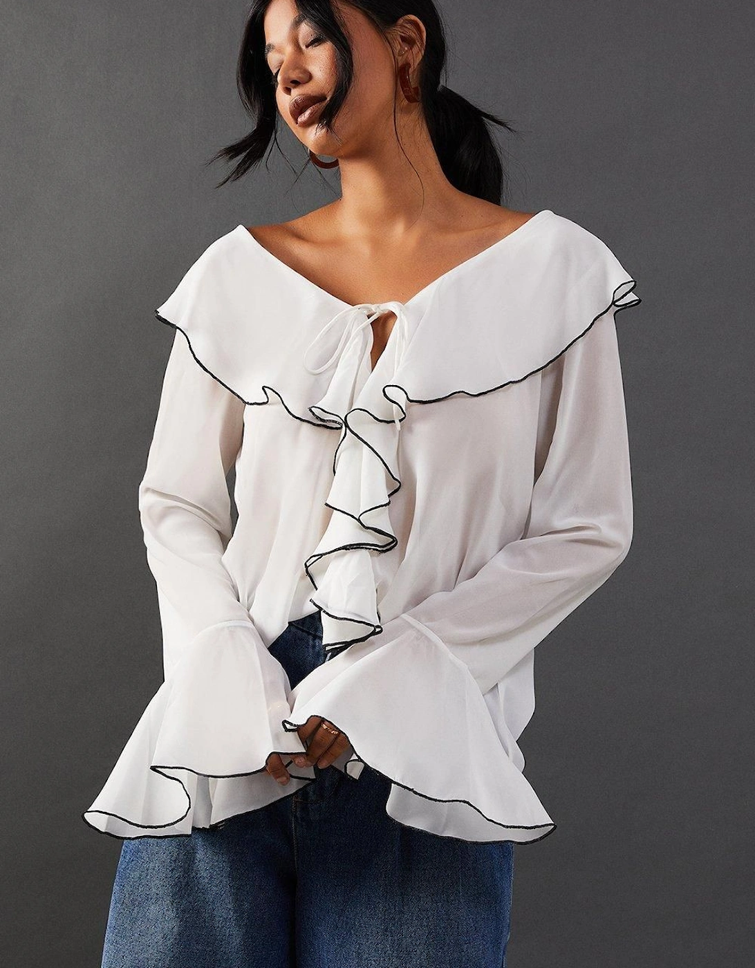 Contrast Stitch Ruffle Flared Sleeve Blouse, 2 of 1