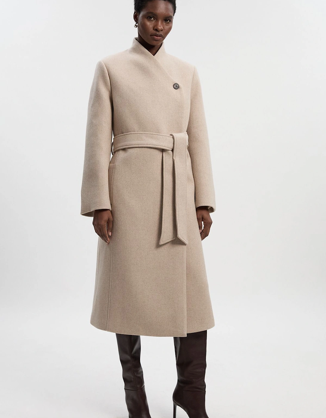 Wool Wrap Neck Tailored Belted Midi Coat, 2 of 1