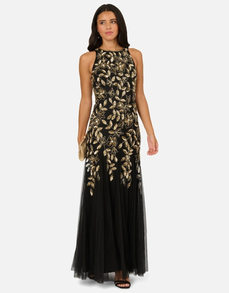 Halter Bead Godet Dress