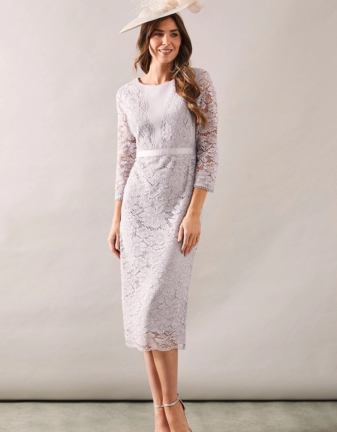 Premium Scallop Lace And Crepe Mix Midi Pencil Dress, 2 of 1