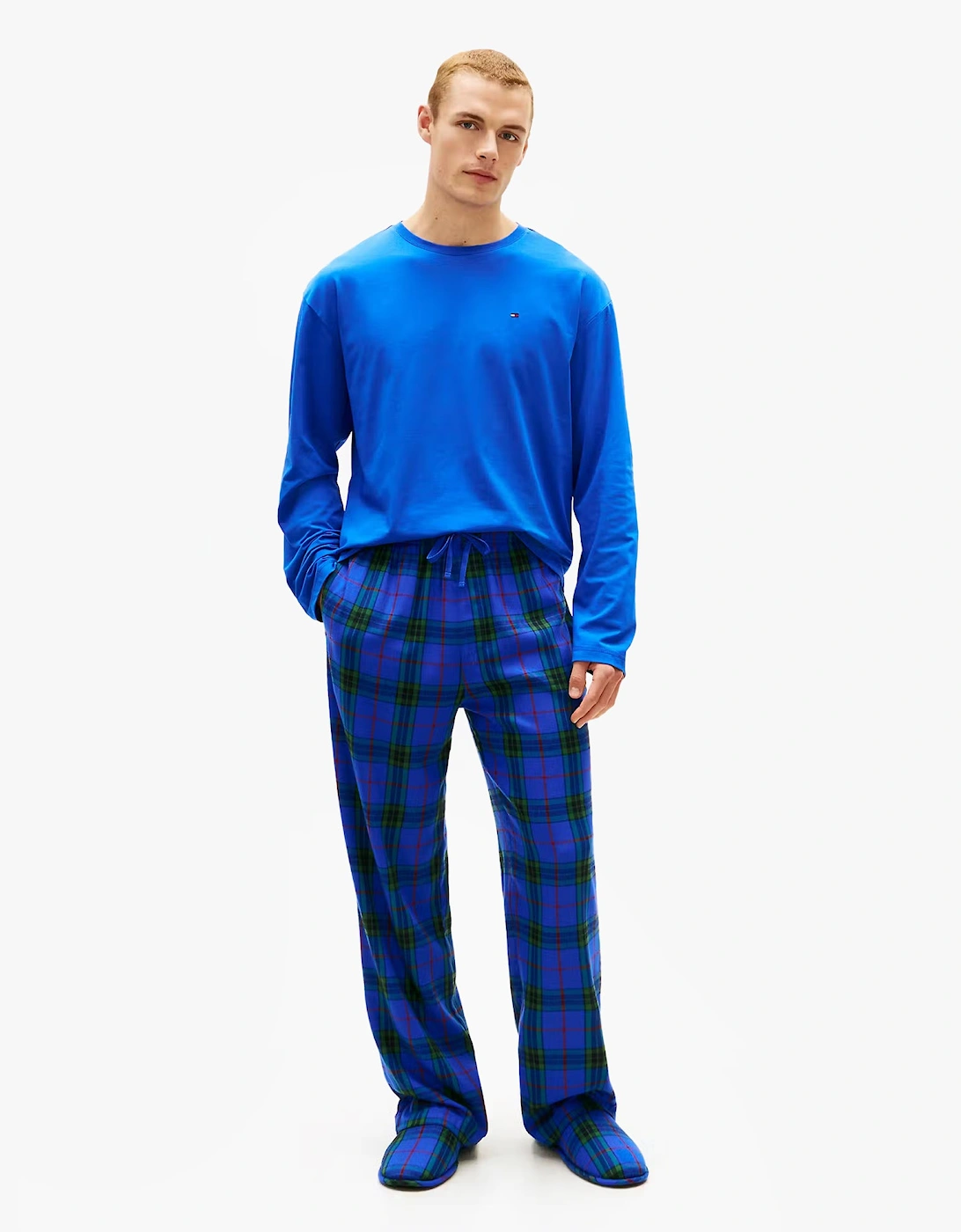 Men's Tommy Hilfiger FLANNEL Pyjama Set With SLIPPERS Mens Blue Tartan - Size: LARGE