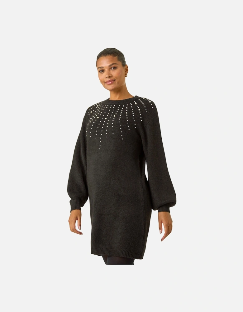 Faux Pearl Embellished Knit Dress