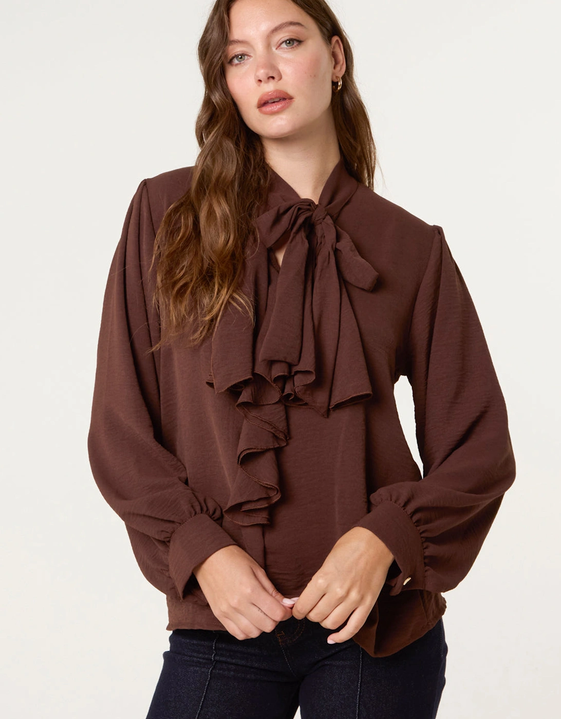 Brown Ruffle Pussy Bow Blouse, 2 of 1