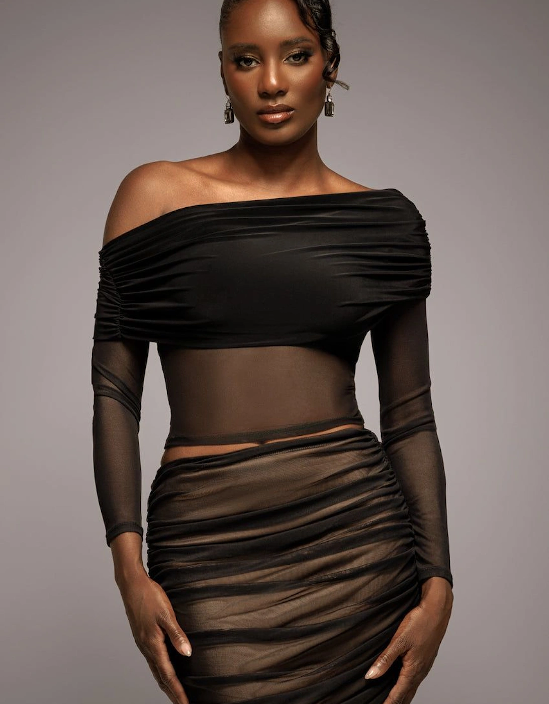 Gathered Bardot Asymmetric Mesh Panel Top, 2 of 1