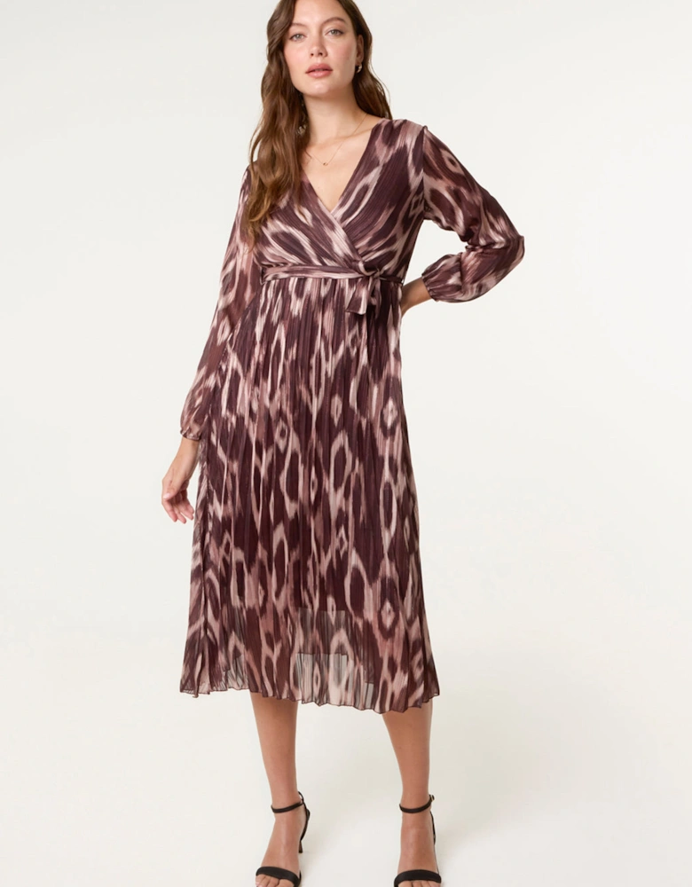 Brown Crossover Metallic Pleated Dress